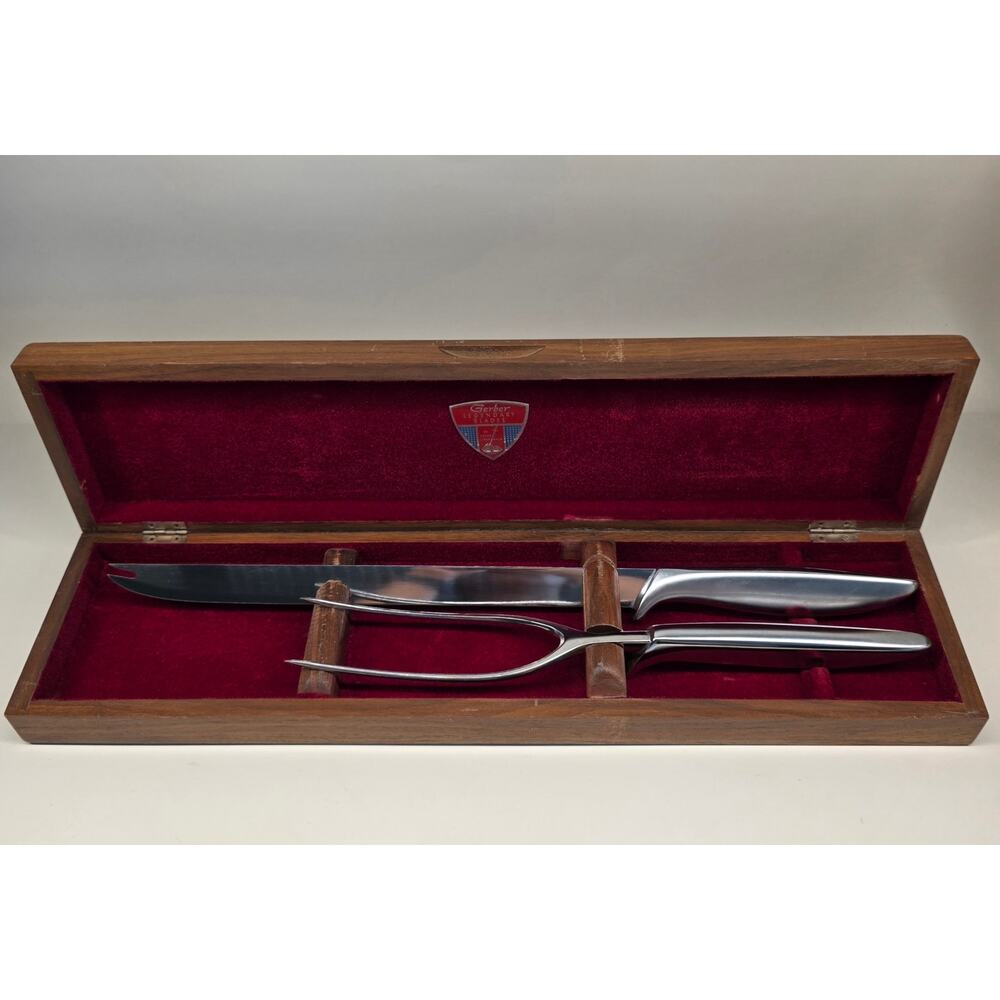 Gerber Snickersnee Carving Set Stainless Steel Knife & Fork Wood Case